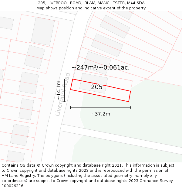 205, LIVERPOOL ROAD, IRLAM, MANCHESTER, M44 6DA: Plot and title map