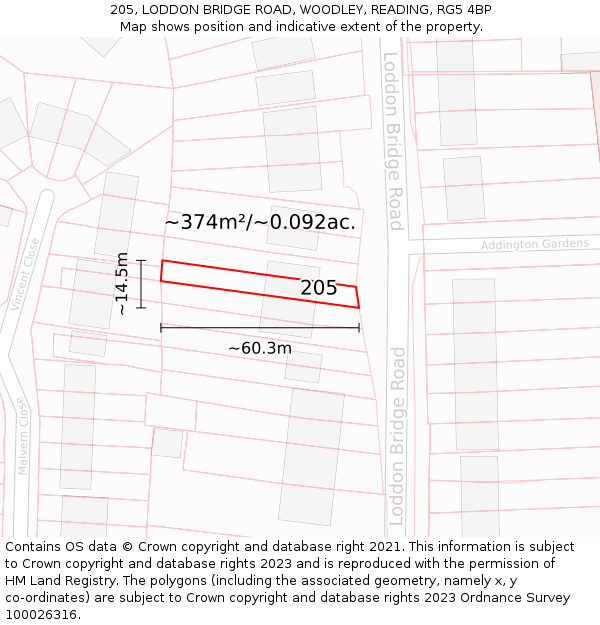 205, LODDON BRIDGE ROAD, WOODLEY, READING, RG5 4BP: Plot and title map