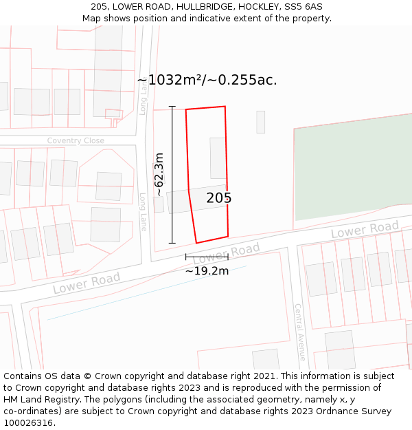 205, LOWER ROAD, HULLBRIDGE, HOCKLEY, SS5 6AS: Plot and title map