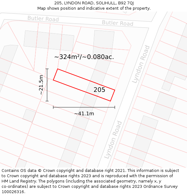 205, LYNDON ROAD, SOLIHULL, B92 7QJ: Plot and title map