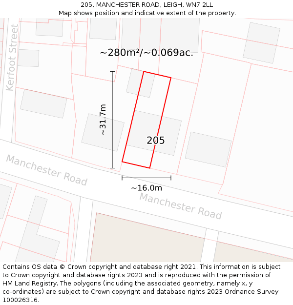205, MANCHESTER ROAD, LEIGH, WN7 2LL: Plot and title map