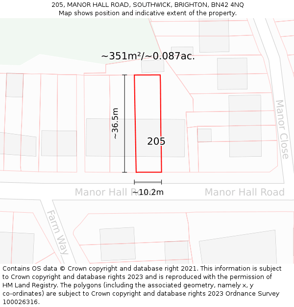 205, MANOR HALL ROAD, SOUTHWICK, BRIGHTON, BN42 4NQ: Plot and title map