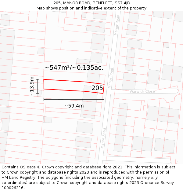 205, MANOR ROAD, BENFLEET, SS7 4JD: Plot and title map