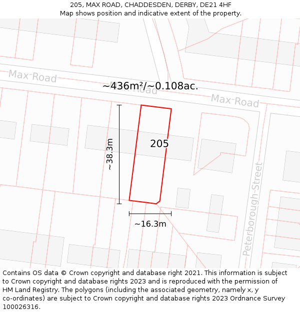 205, MAX ROAD, CHADDESDEN, DERBY, DE21 4HF: Plot and title map