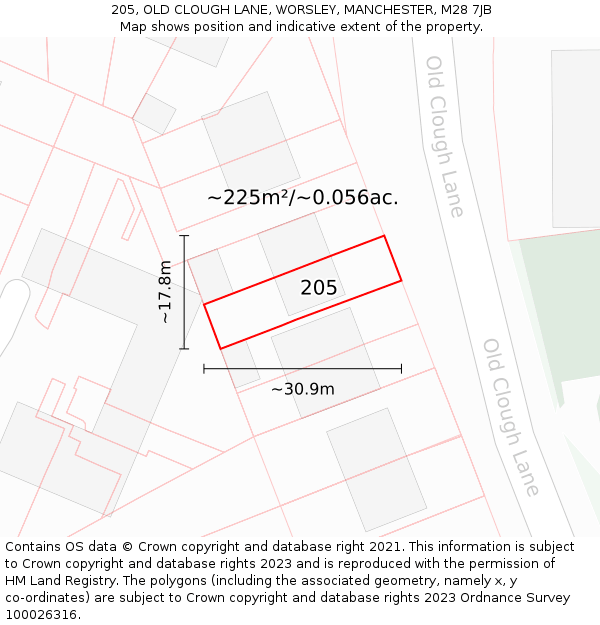 205, OLD CLOUGH LANE, WORSLEY, MANCHESTER, M28 7JB: Plot and title map