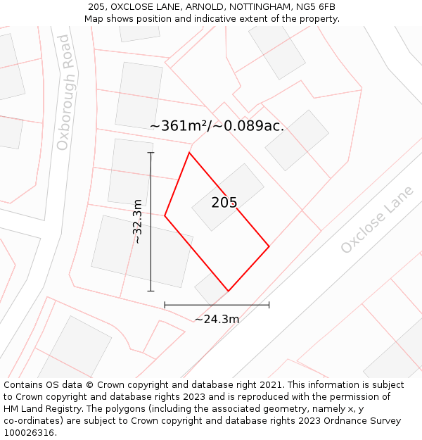 205, OXCLOSE LANE, ARNOLD, NOTTINGHAM, NG5 6FB: Plot and title map