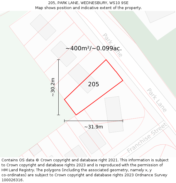 205, PARK LANE, WEDNESBURY, WS10 9SE: Plot and title map
