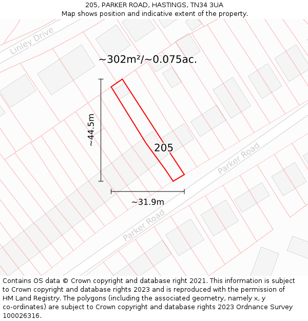 205, PARKER ROAD, HASTINGS, TN34 3UA: Plot and title map