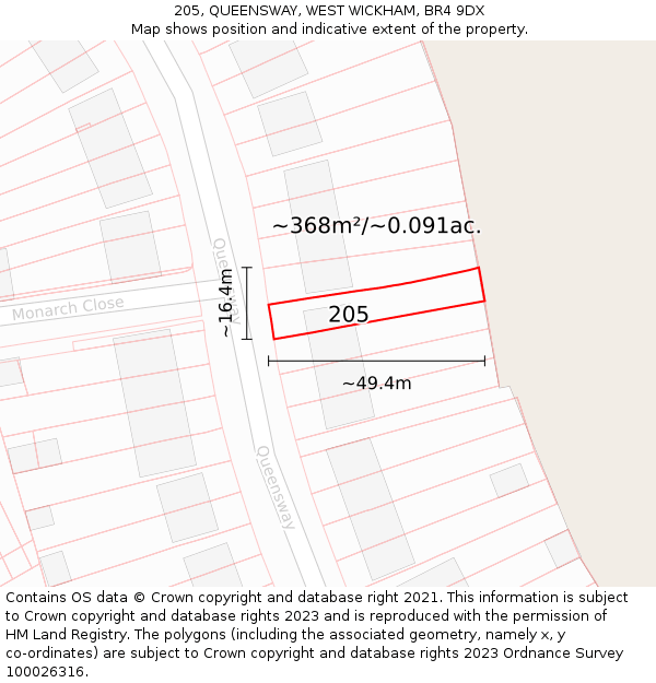 205, QUEENSWAY, WEST WICKHAM, BR4 9DX: Plot and title map