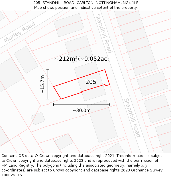 205, STANDHILL ROAD, CARLTON, NOTTINGHAM, NG4 1LE: Plot and title map