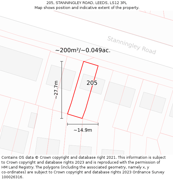 205, STANNINGLEY ROAD, LEEDS, LS12 3PL: Plot and title map