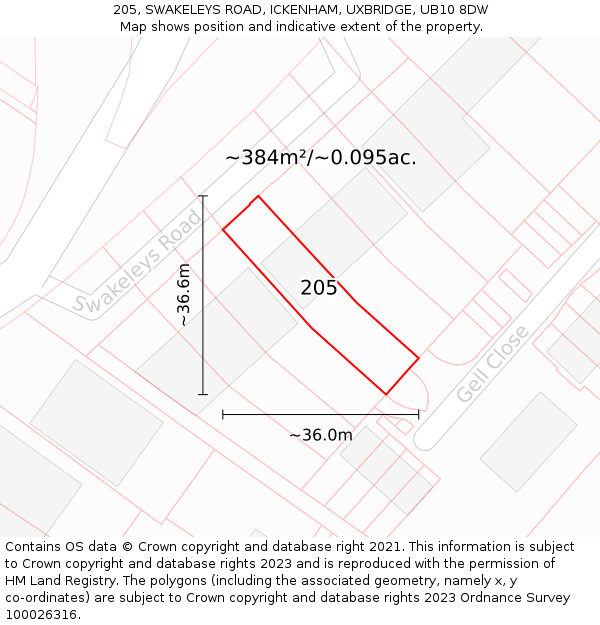205, SWAKELEYS ROAD, ICKENHAM, UXBRIDGE, UB10 8DW: Plot and title map