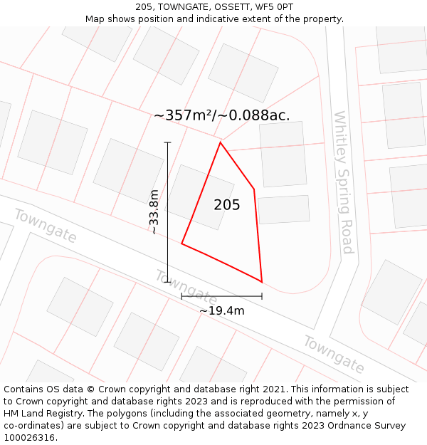 205, TOWNGATE, OSSETT, WF5 0PT: Plot and title map