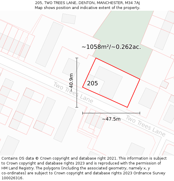 205, TWO TREES LANE, DENTON, MANCHESTER, M34 7AJ: Plot and title map