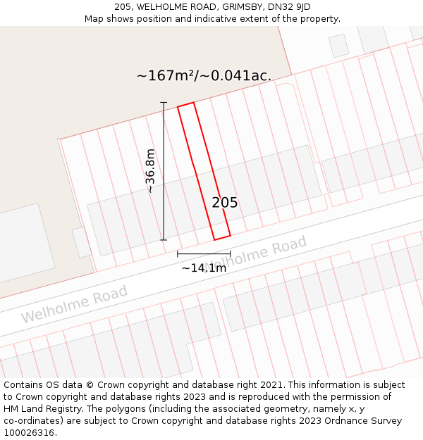 205, WELHOLME ROAD, GRIMSBY, DN32 9JD: Plot and title map