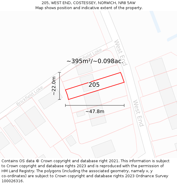 205, WEST END, COSTESSEY, NORWICH, NR8 5AW: Plot and title map