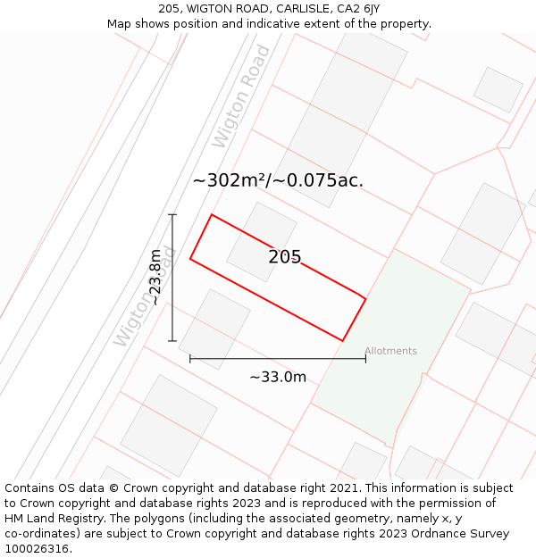 205, WIGTON ROAD, CARLISLE, CA2 6JY: Plot and title map
