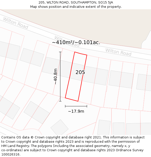 205, WILTON ROAD, SOUTHAMPTON, SO15 5JA: Plot and title map
