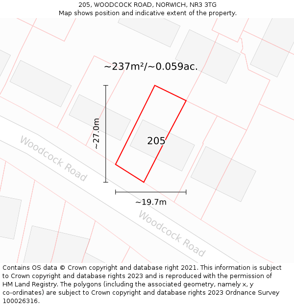 205, WOODCOCK ROAD, NORWICH, NR3 3TG: Plot and title map