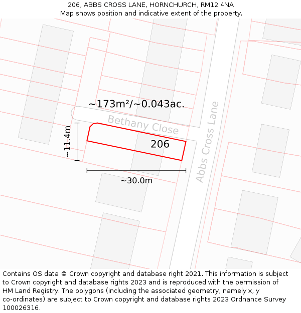 206, ABBS CROSS LANE, HORNCHURCH, RM12 4NA: Plot and title map