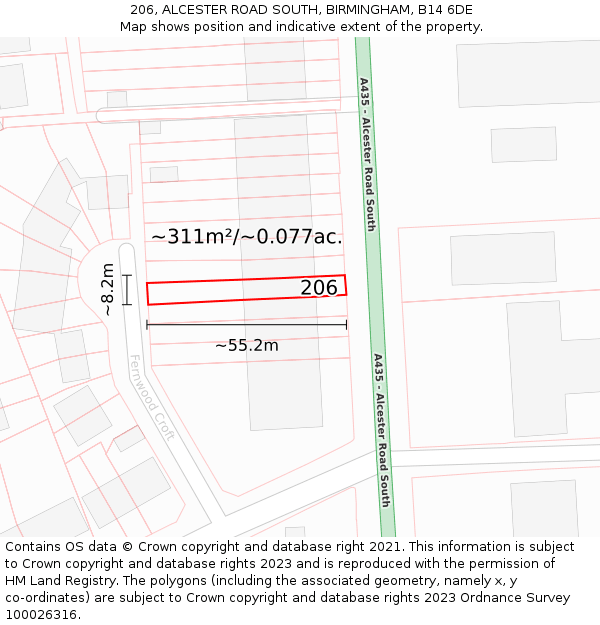 206, ALCESTER ROAD SOUTH, BIRMINGHAM, B14 6DE: Plot and title map