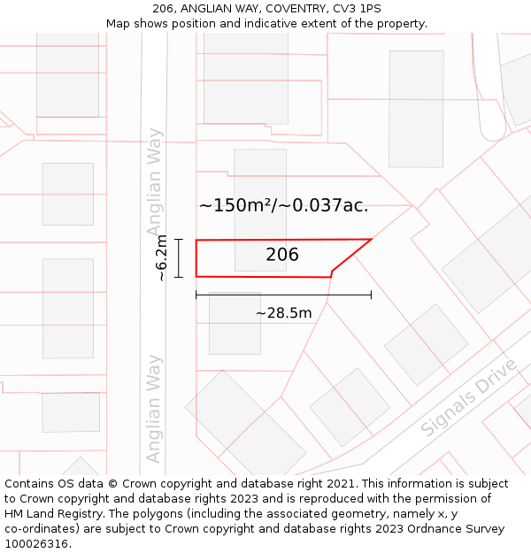 206, ANGLIAN WAY, COVENTRY, CV3 1PS: Plot and title map