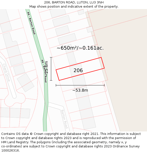 206, BARTON ROAD, LUTON, LU3 3NH: Plot and title map