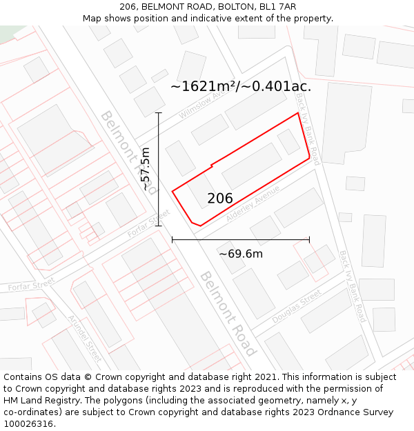 206, BELMONT ROAD, BOLTON, BL1 7AR: Plot and title map