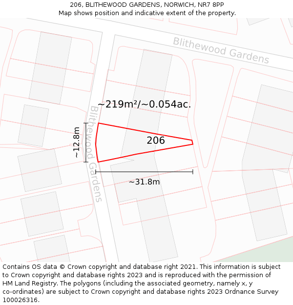 206, BLITHEWOOD GARDENS, NORWICH, NR7 8PP: Plot and title map