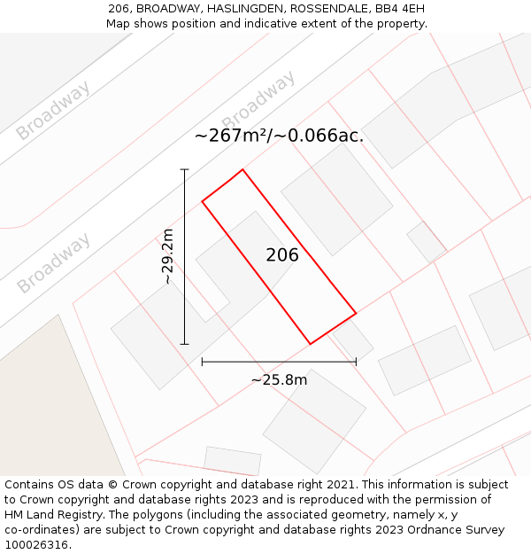 206, BROADWAY, HASLINGDEN, ROSSENDALE, BB4 4EH: Plot and title map