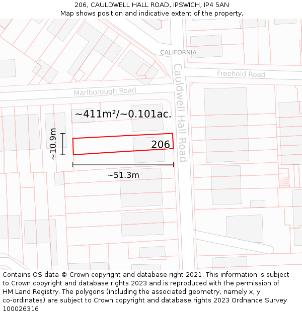 206, CAULDWELL HALL ROAD, IPSWICH, IP4 5AN: Plot and title map