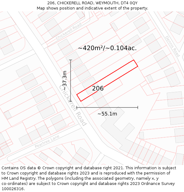 206, CHICKERELL ROAD, WEYMOUTH, DT4 0QY: Plot and title map