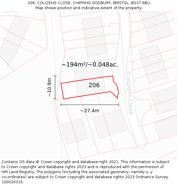 206, COUZENS CLOSE, CHIPPING SODBURY, BRISTOL, BS37 6BU: Plot and title map
