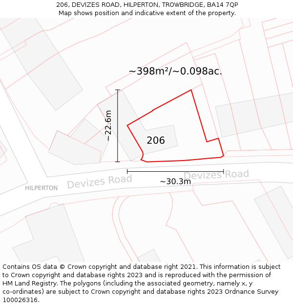 206, DEVIZES ROAD, HILPERTON, TROWBRIDGE, BA14 7QP: Plot and title map