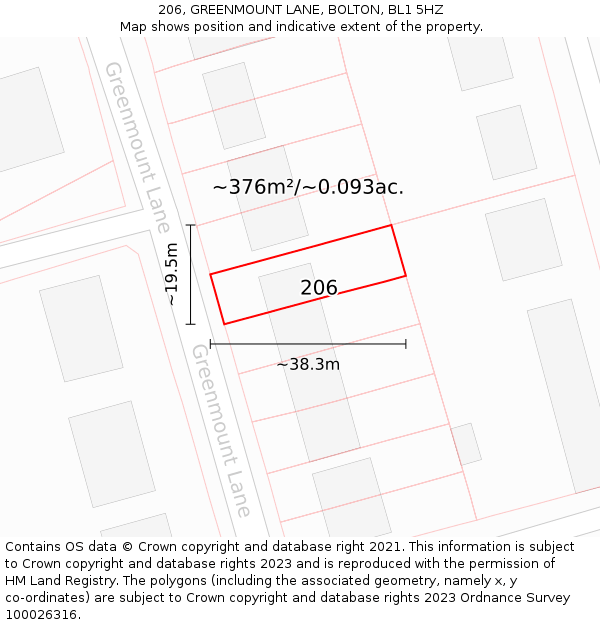 206, GREENMOUNT LANE, BOLTON, BL1 5HZ: Plot and title map