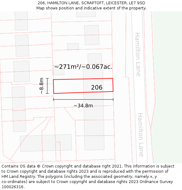 206, HAMILTON LANE, SCRAPTOFT, LEICESTER, LE7 9SD: Plot and title map