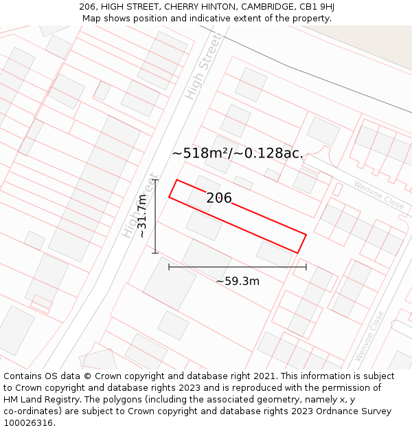 206, HIGH STREET, CHERRY HINTON, CAMBRIDGE, CB1 9HJ: Plot and title map