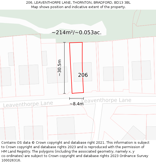 206, LEAVENTHORPE LANE, THORNTON, BRADFORD, BD13 3BL: Plot and title map