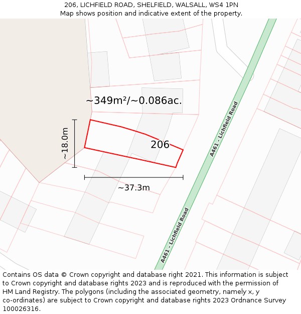206, LICHFIELD ROAD, SHELFIELD, WALSALL, WS4 1PN: Plot and title map