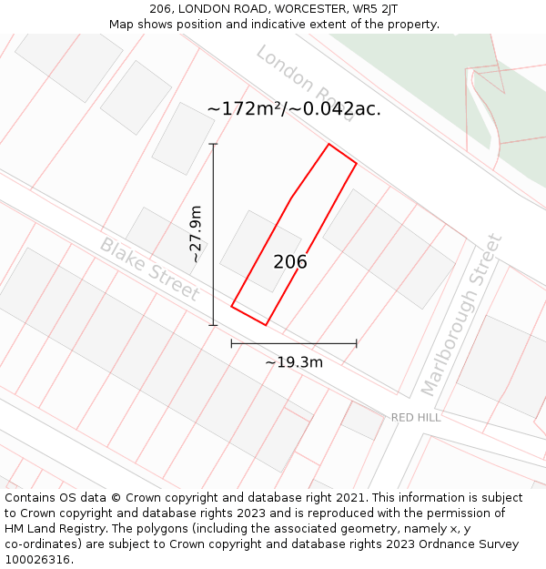 206, LONDON ROAD, WORCESTER, WR5 2JT: Plot and title map