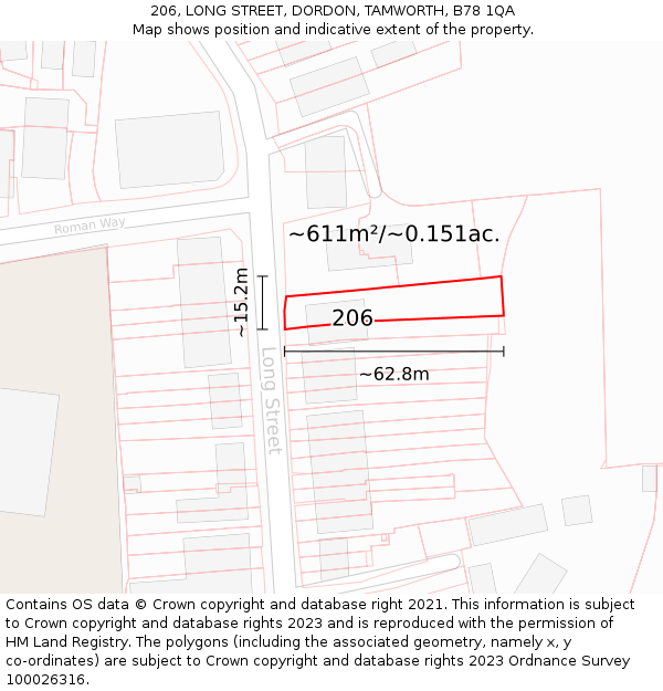 206, LONG STREET, DORDON, TAMWORTH, B78 1QA: Plot and title map