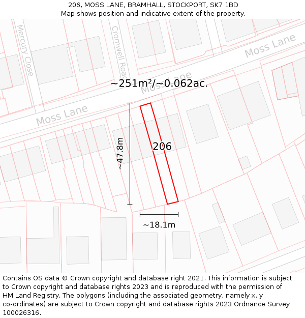 206, MOSS LANE, BRAMHALL, STOCKPORT, SK7 1BD: Plot and title map