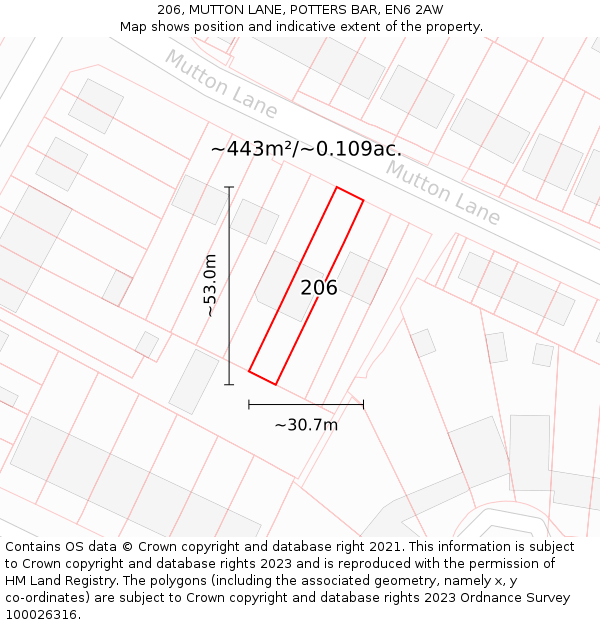 206, MUTTON LANE, POTTERS BAR, EN6 2AW: Plot and title map