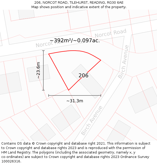 206, NORCOT ROAD, TILEHURST, READING, RG30 6AE: Plot and title map