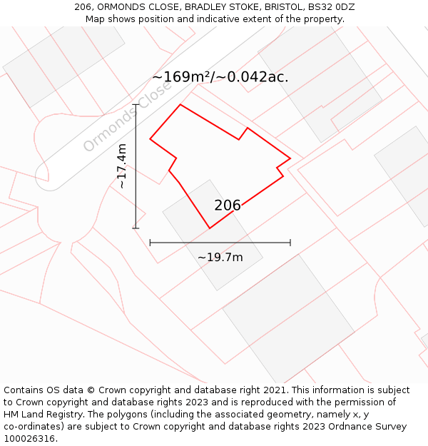 206, ORMONDS CLOSE, BRADLEY STOKE, BRISTOL, BS32 0DZ: Plot and title map