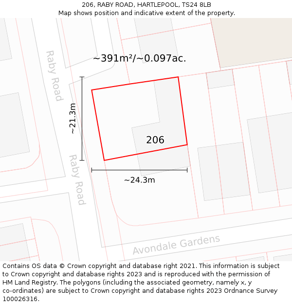 206, RABY ROAD, HARTLEPOOL, TS24 8LB: Plot and title map
