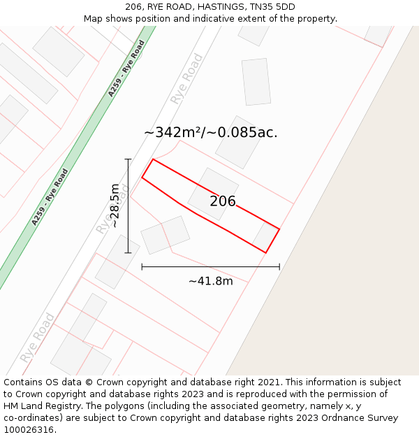 206, RYE ROAD, HASTINGS, TN35 5DD: Plot and title map