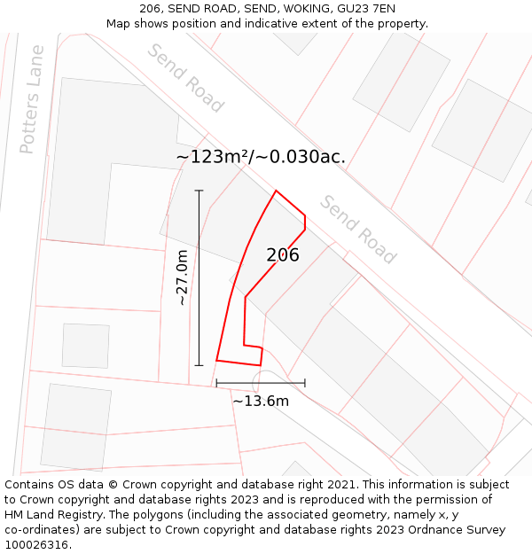 206, SEND ROAD, SEND, WOKING, GU23 7EN: Plot and title map