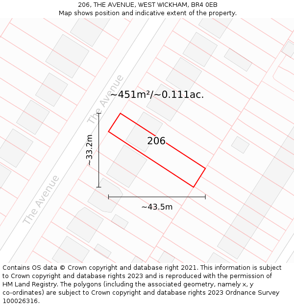 206, THE AVENUE, WEST WICKHAM, BR4 0EB: Plot and title map