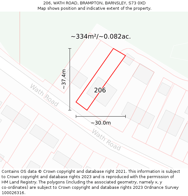 206, WATH ROAD, BRAMPTON, BARNSLEY, S73 0XD: Plot and title map